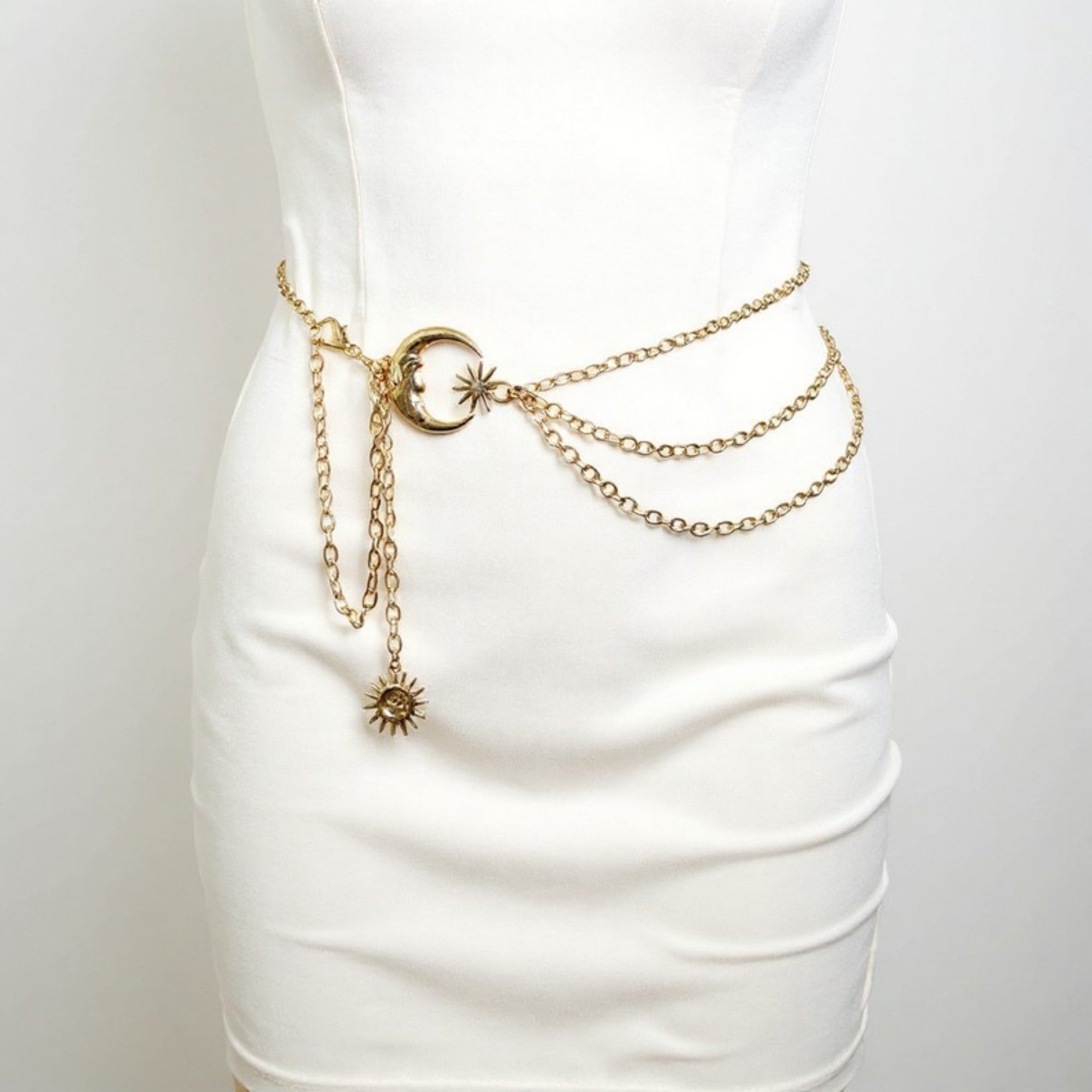 Anna-Kaci Women's Layered Chain Belt with Crescent Moon and Sun Charms 45.5x0.8in