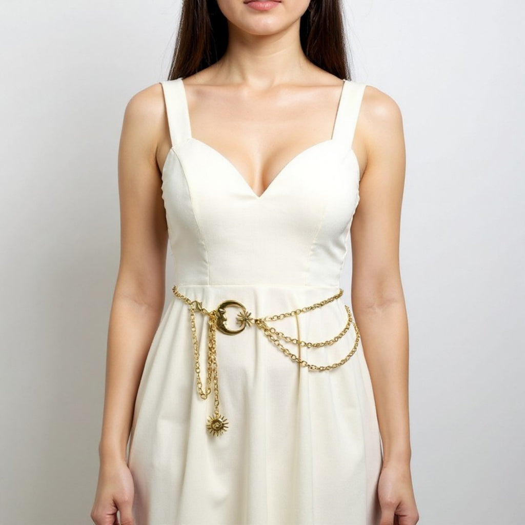 Anna-Kaci Women's Layered Chain Belt with Crescent Moon and Sun Charms 45.5x0.8in