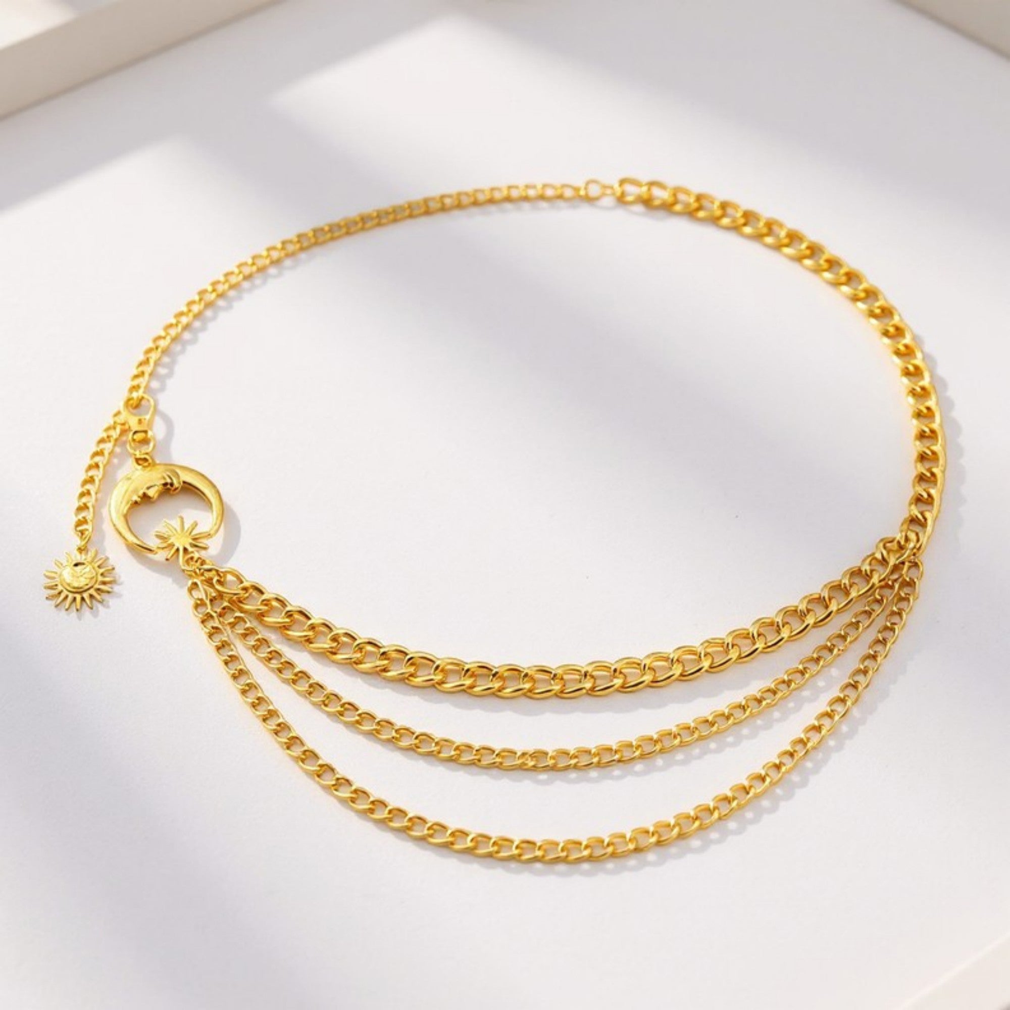 Anna-Kaci Women's Layered Chain Belt with Crescent Moon and Sun Charms 45.5x0.8in