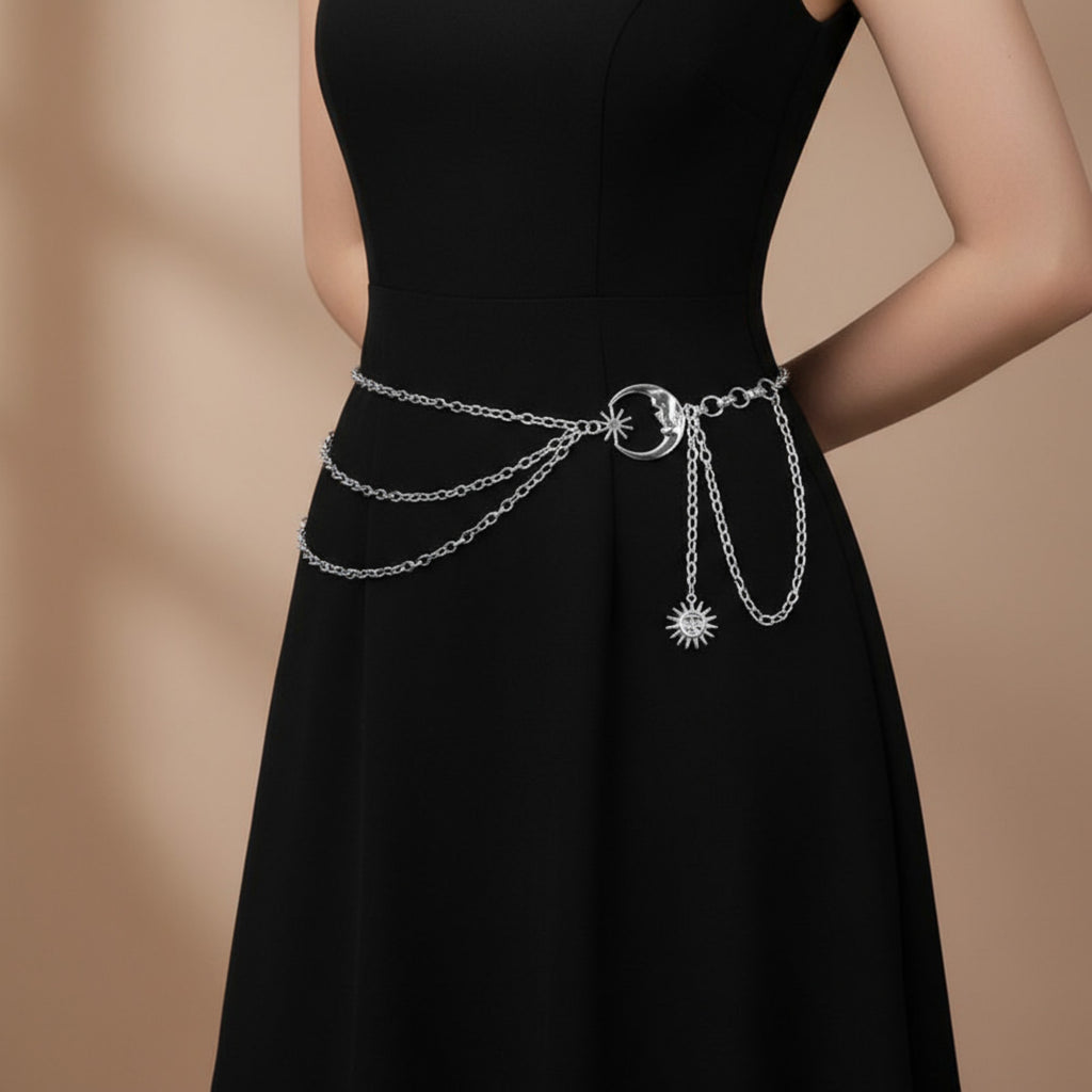 Anna-Kaci Women's Layered Chain Belt with Crescent Moon and Sun Charms 45.5x0.8in