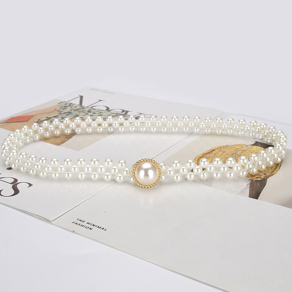 Anna-Kaci Womens Elastic Pearl Waist Belt with Center Pearl Accent