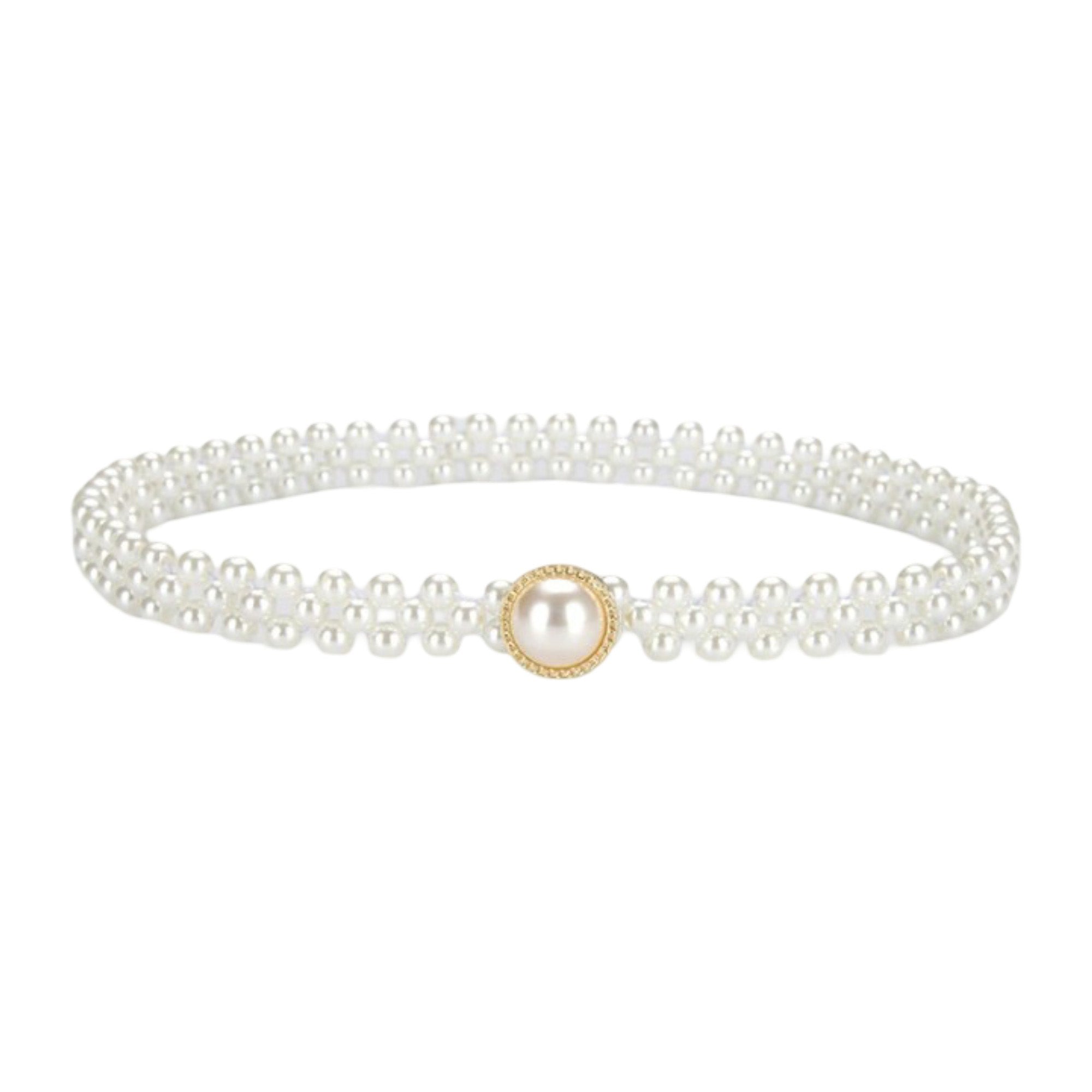 Anna-Kaci Womens Elastic Pearl Waist Belt with Center Pearl Accent