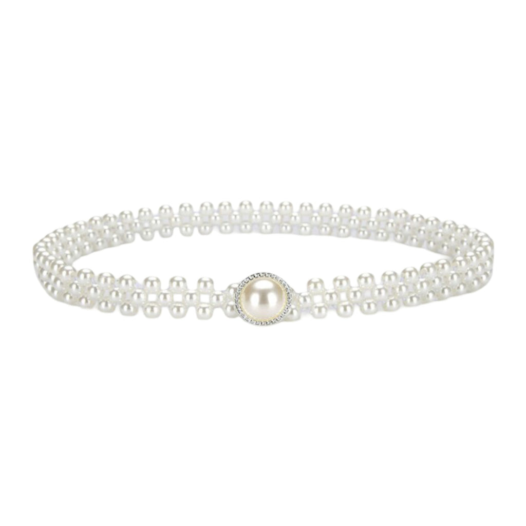 Anna-Kaci Womens Elastic Pearl Waist Belt with Center Pearl Accent