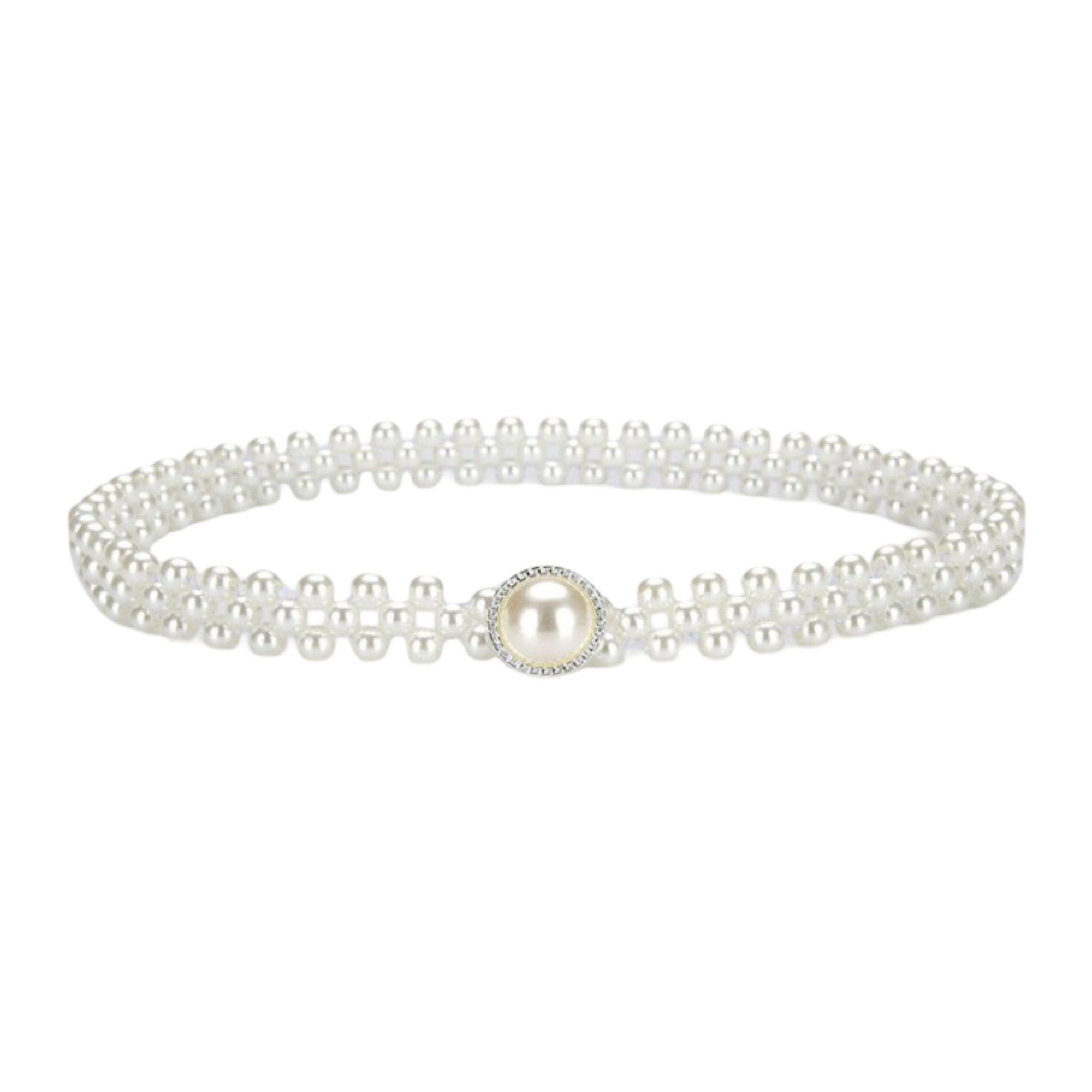 Anna-Kaci Womens Elastic Pearl Waist Belt with Center Pearl Accent