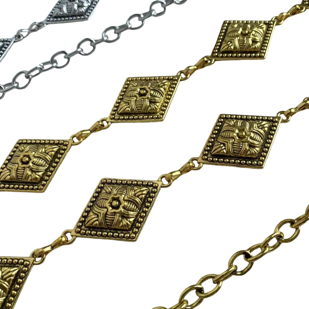 Anna-Kaci Vintage Inspired Engraved Metal Waist Chain with Floral Square Links 44 inches