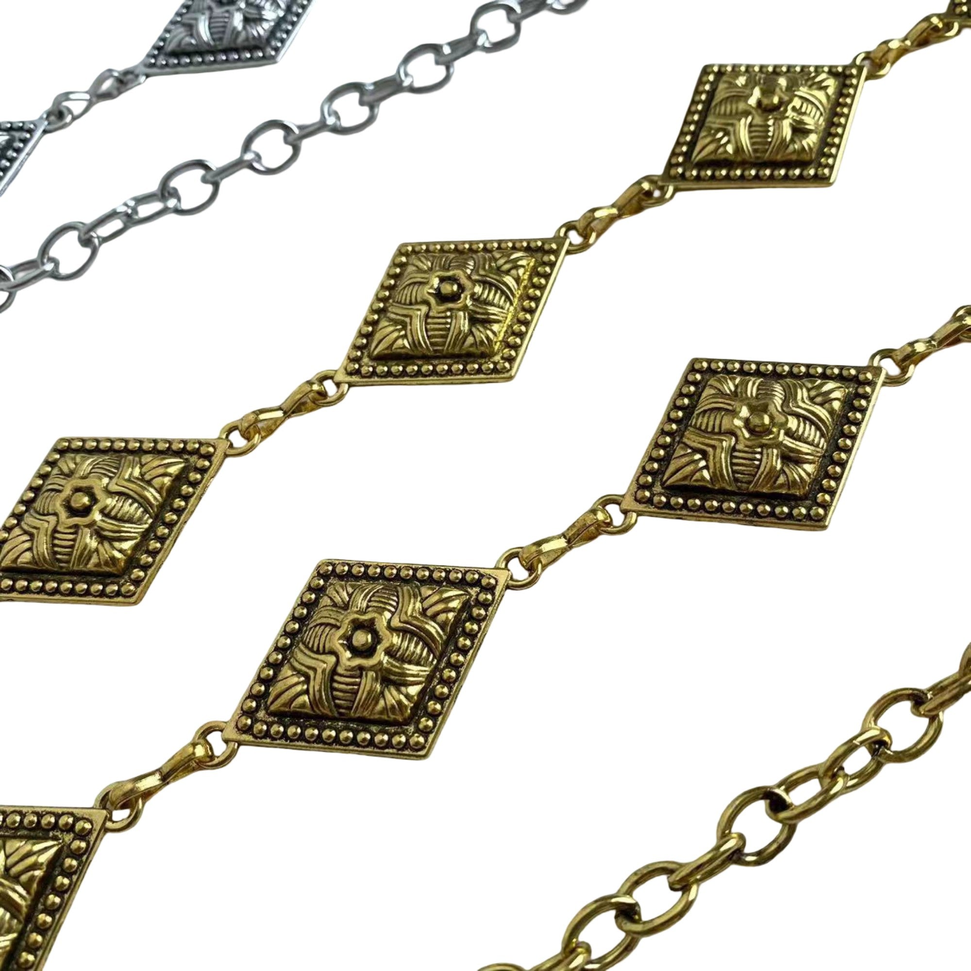 Anna-Kaci Vintage Inspired Engraved Metal Waist Chain with Floral Square Links 44 inches