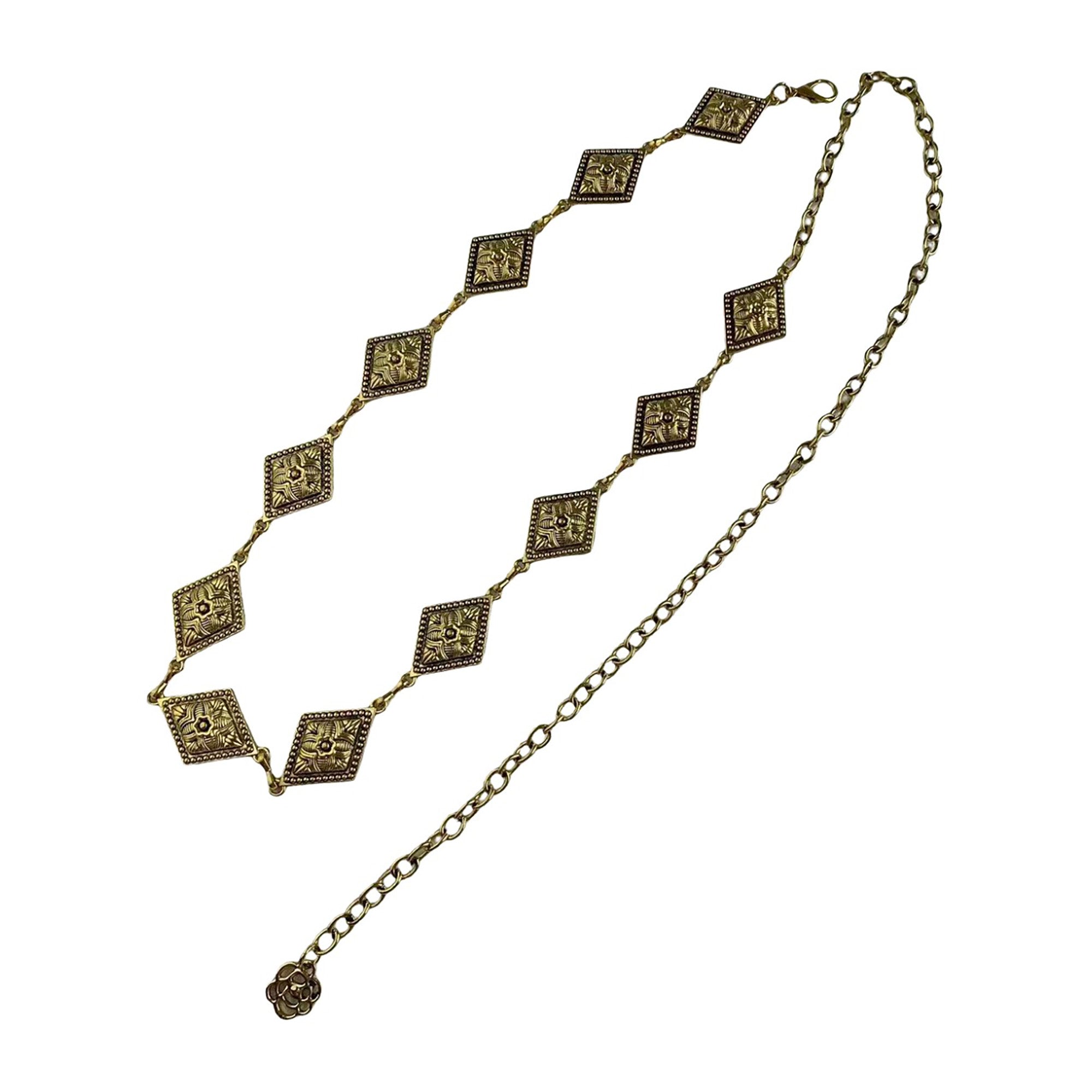 Anna-Kaci Vintage Inspired Engraved Metal Waist Chain with Floral Square Links 44 inches