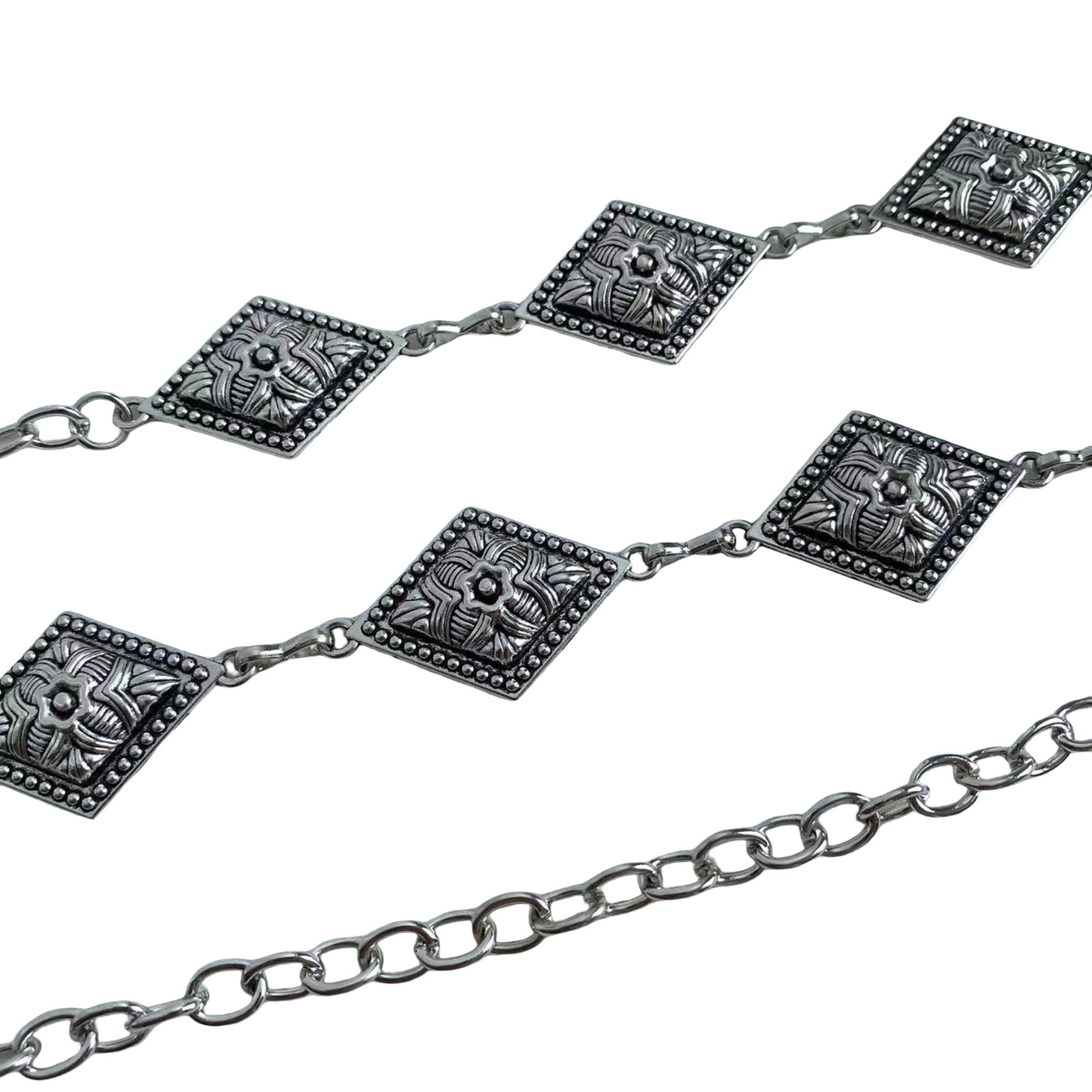 Anna-Kaci Vintage Inspired Engraved Metal Waist Chain with Floral Square Links 44 inches