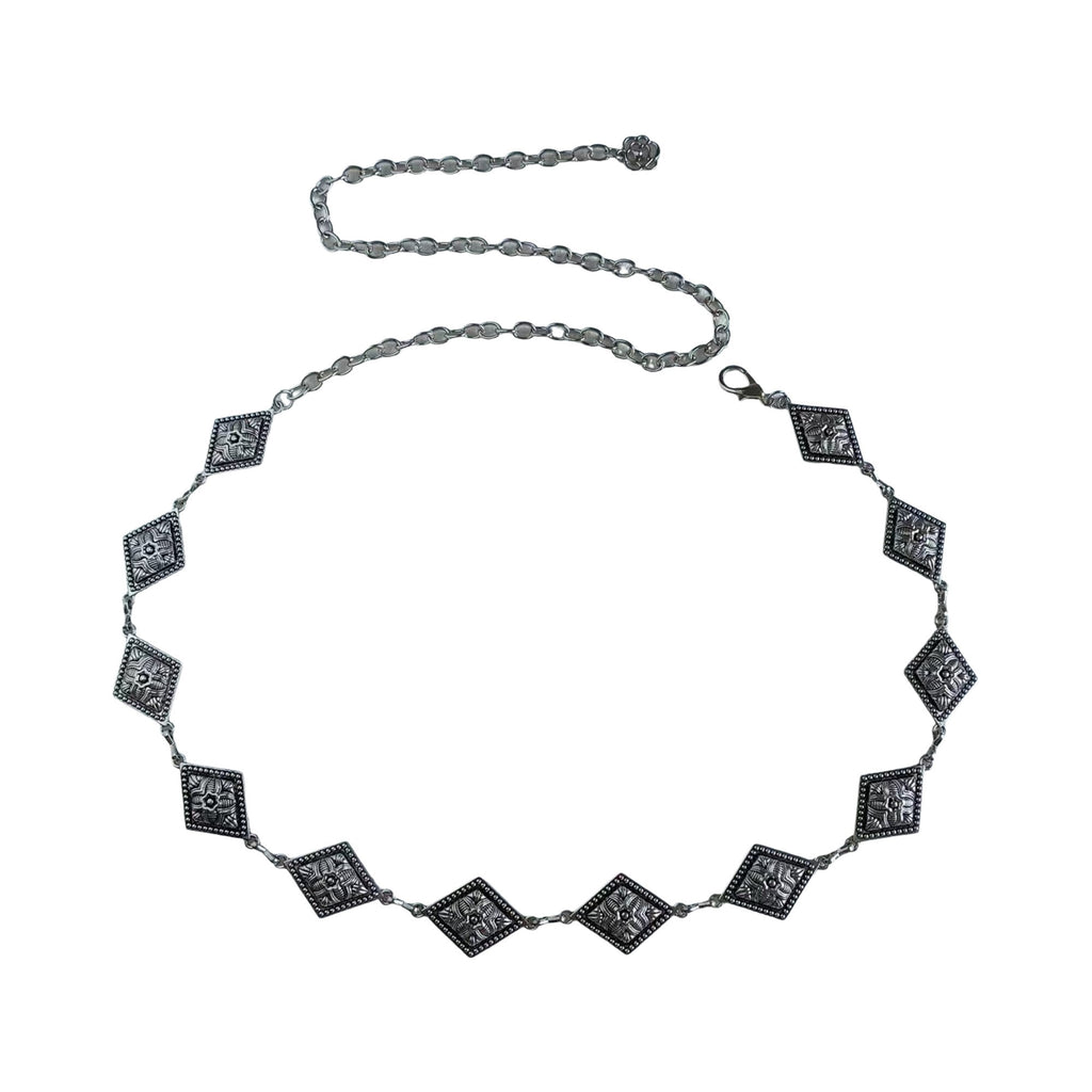Anna-Kaci Vintage Inspired Engraved Metal Waist Chain with Floral Square Links 44 inches