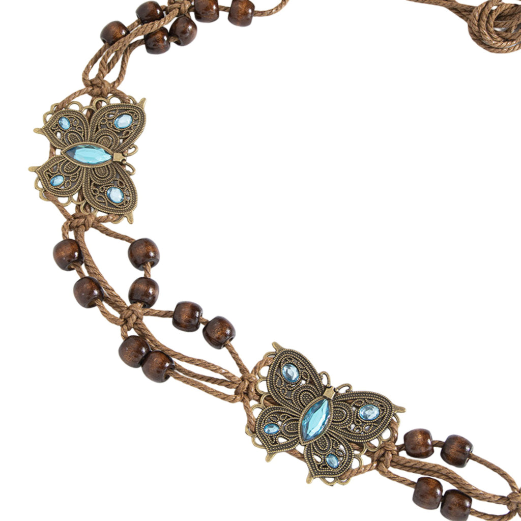Anna-Kaci Bohemian Rhinestone Braided Waist Belt with Beaded Cord Tie