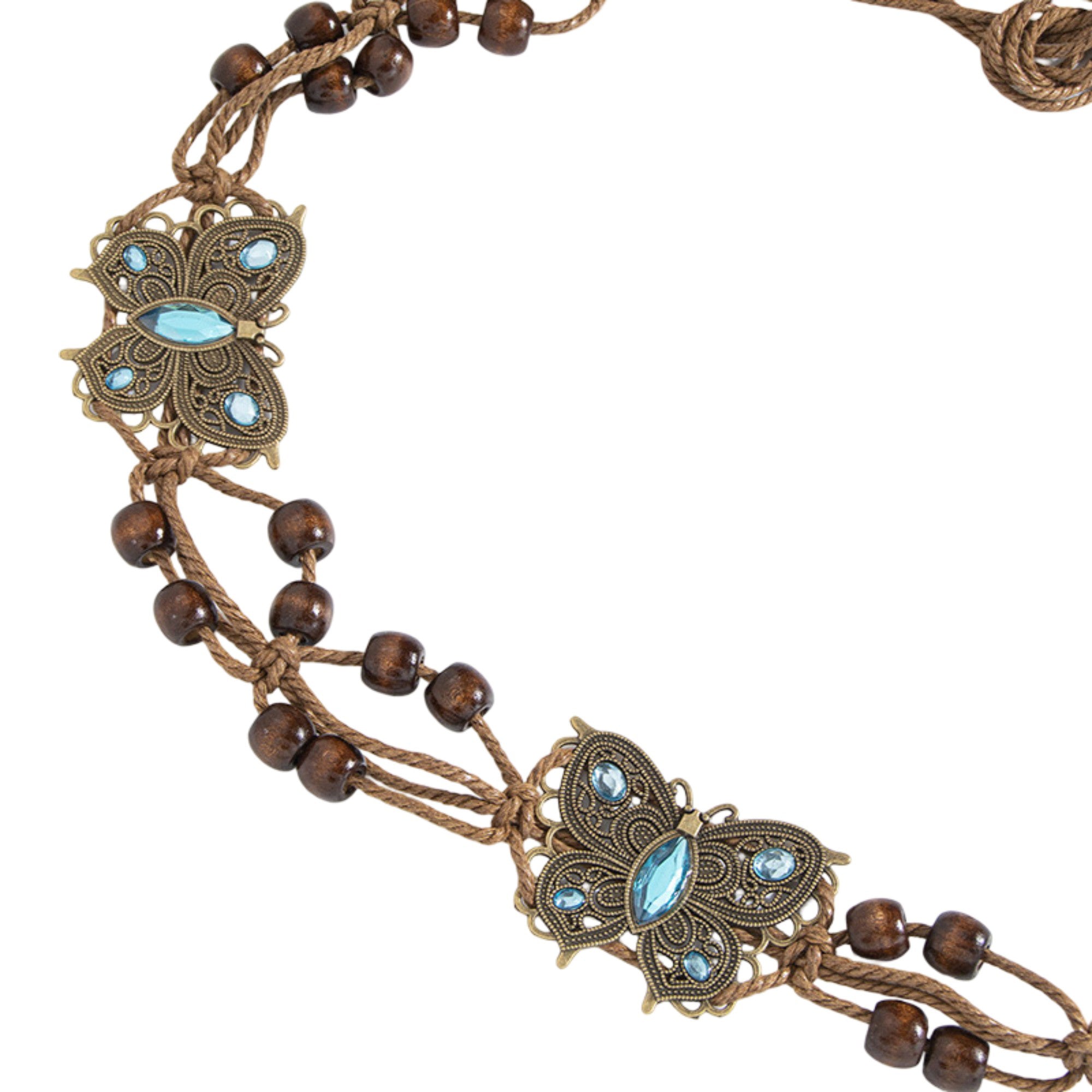 Anna-Kaci Bohemian Rhinestone Braided Waist Belt with Beaded Cord Tie