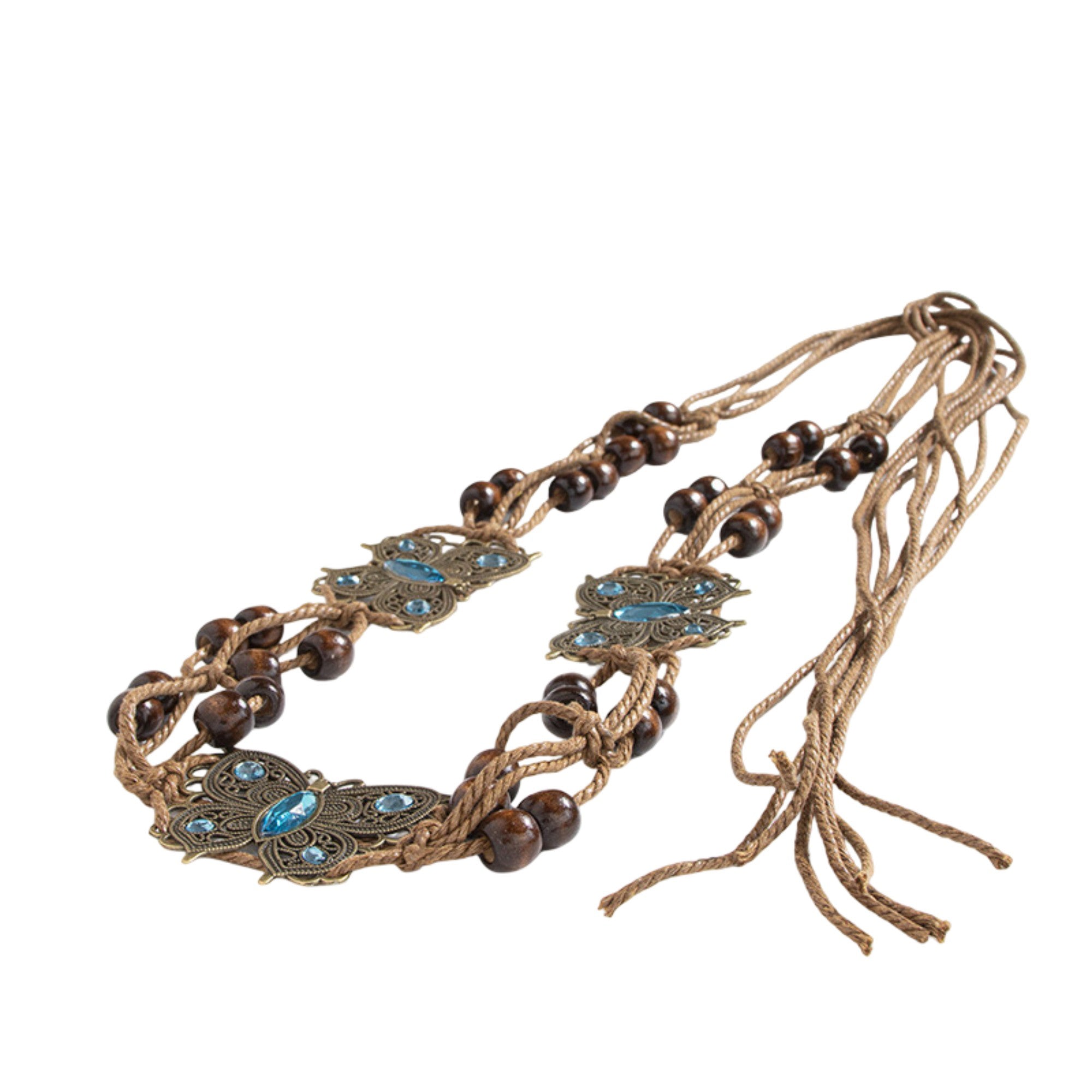 Anna-Kaci Bohemian Rhinestone Braided Waist Belt with Beaded Cord Tie