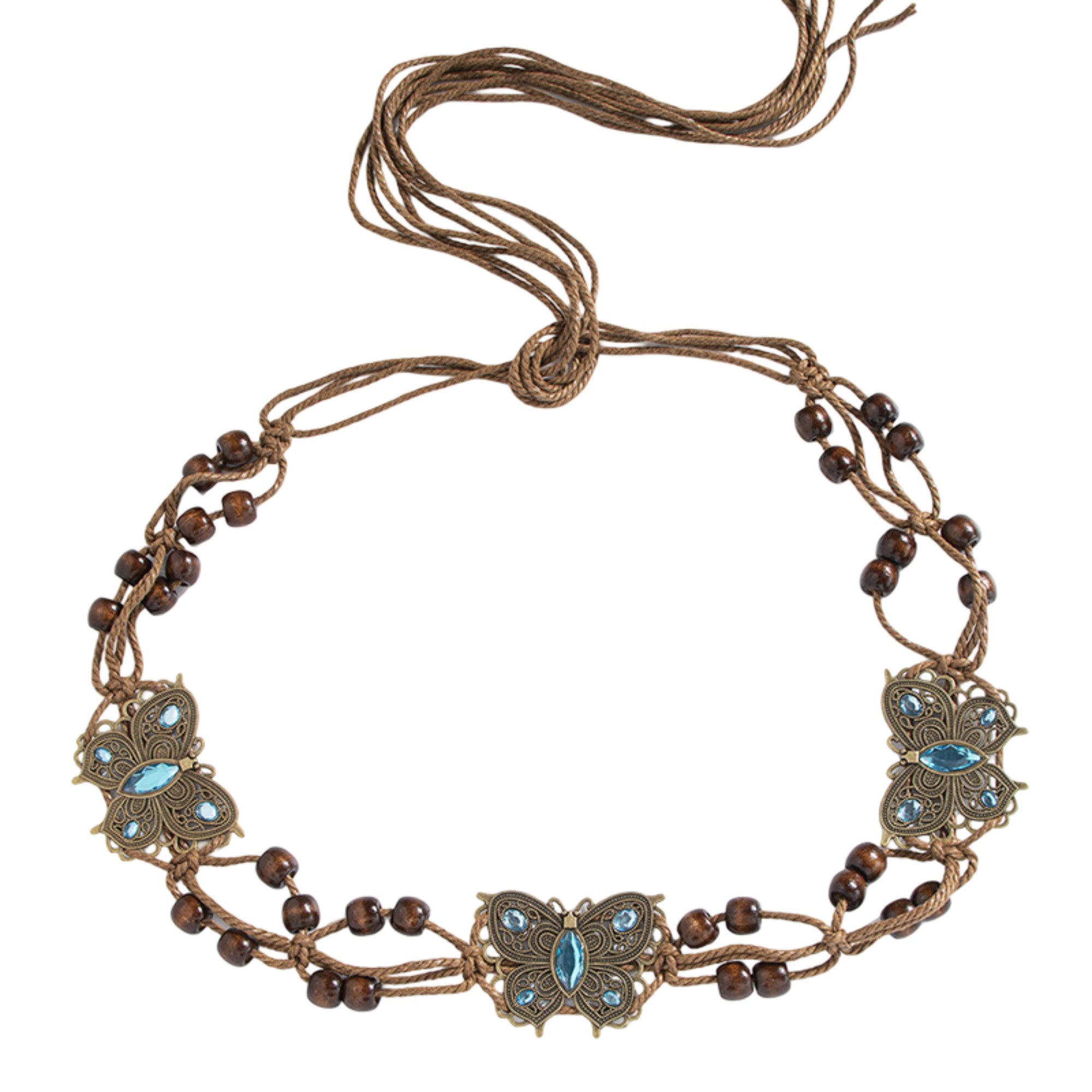 Anna-Kaci Bohemian Rhinestone Braided Waist Belt with Beaded Cord Tie