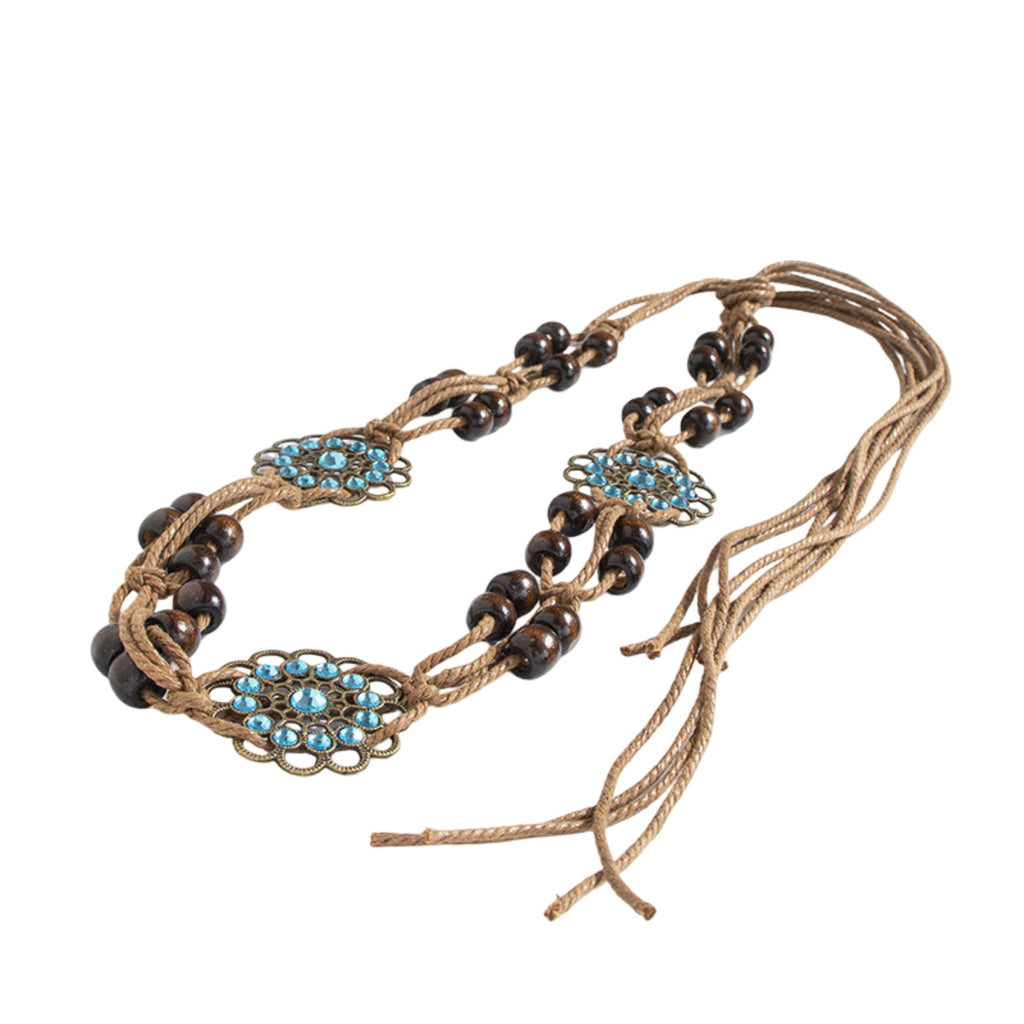 Anna-Kaci Bohemian Rhinestone Braided Waist Belt with Beaded Cord Tie
