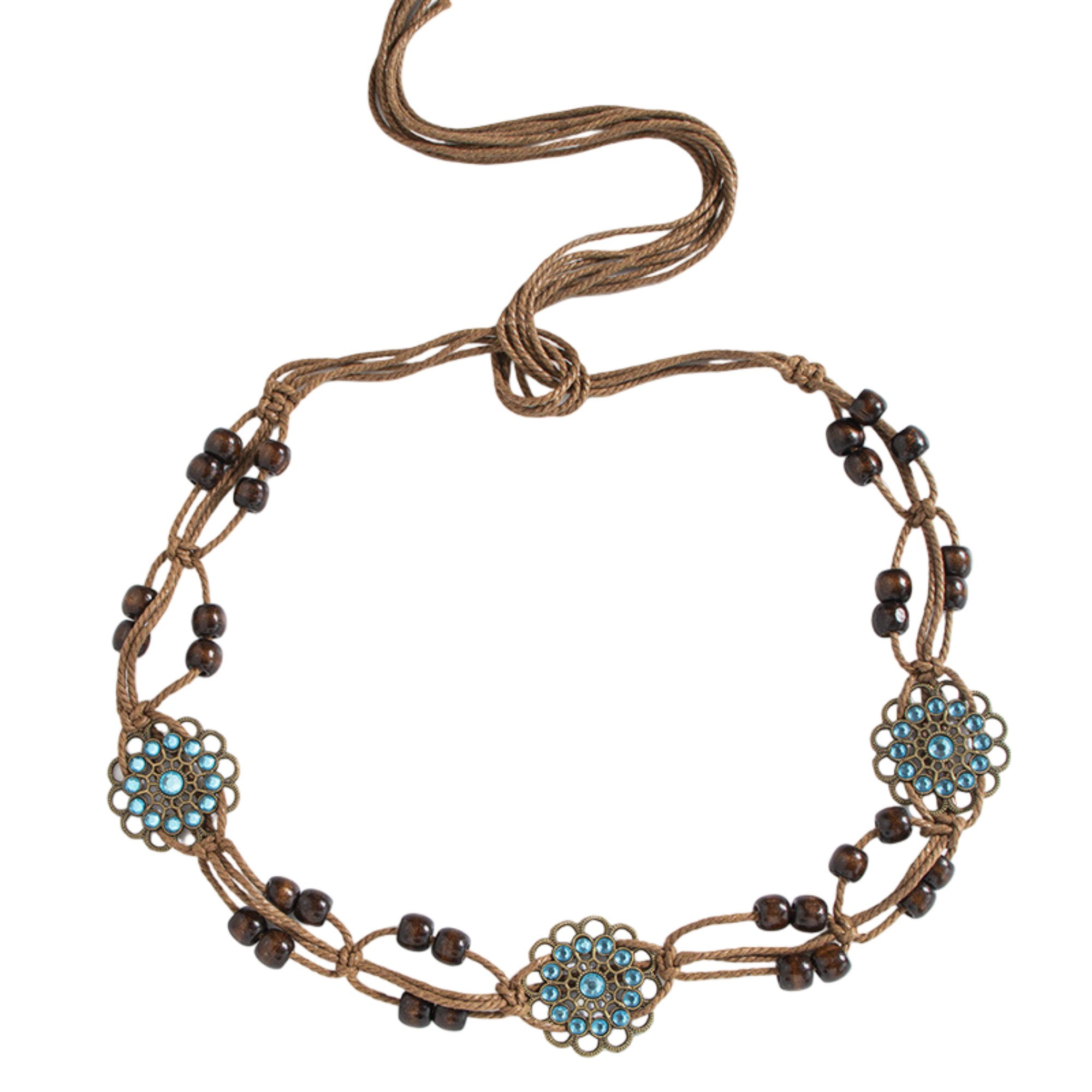 Anna-Kaci Bohemian Rhinestone Braided Waist Belt with Beaded Cord Tie