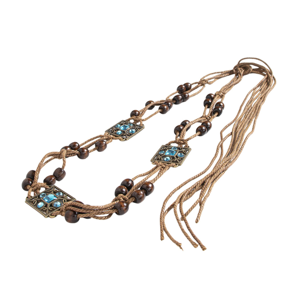 Anna-Kaci Bohemian Rhinestone Braided Waist Belt with Beaded Cord Tie