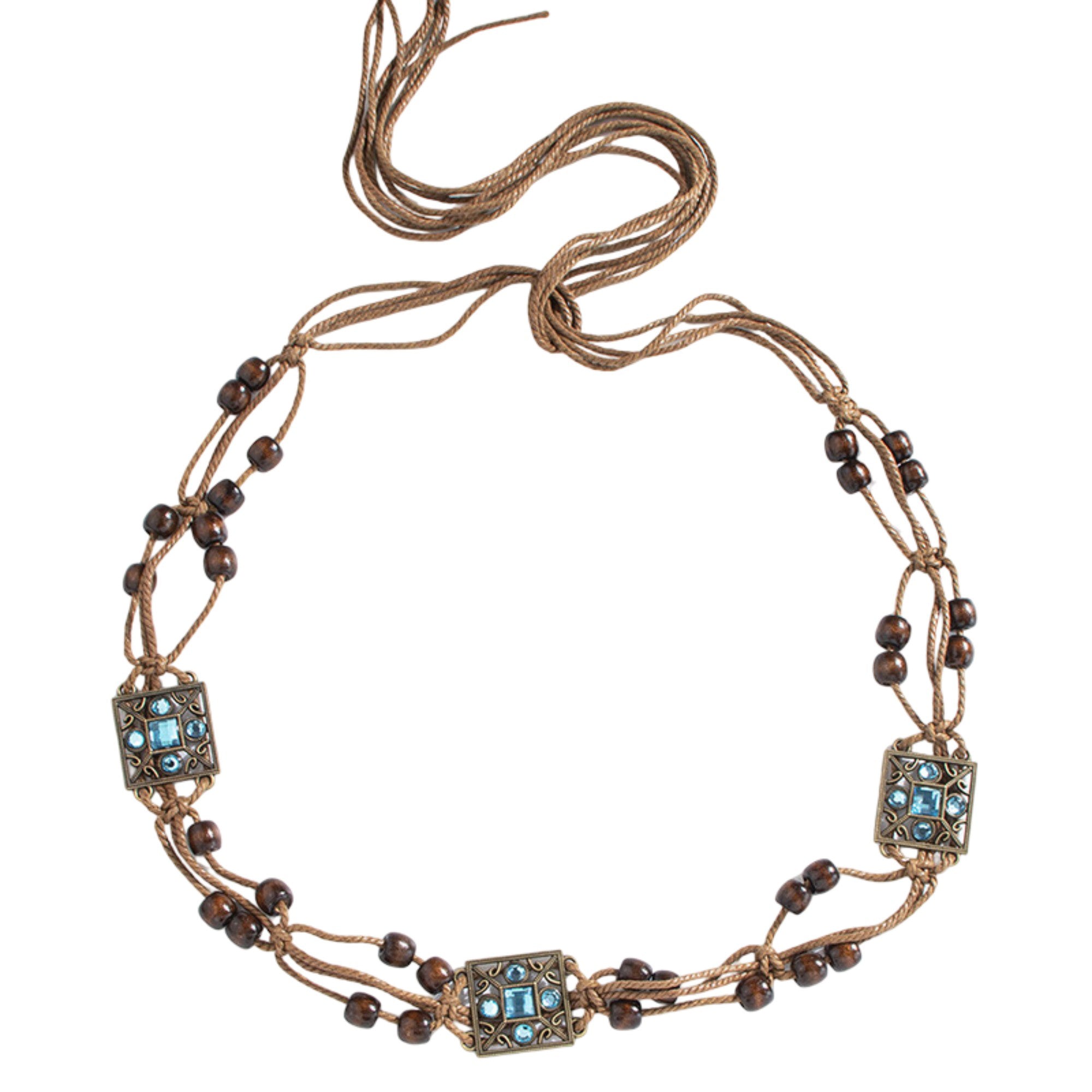 Anna-Kaci Bohemian Rhinestone Braided Waist Belt with Beaded Cord Tie
