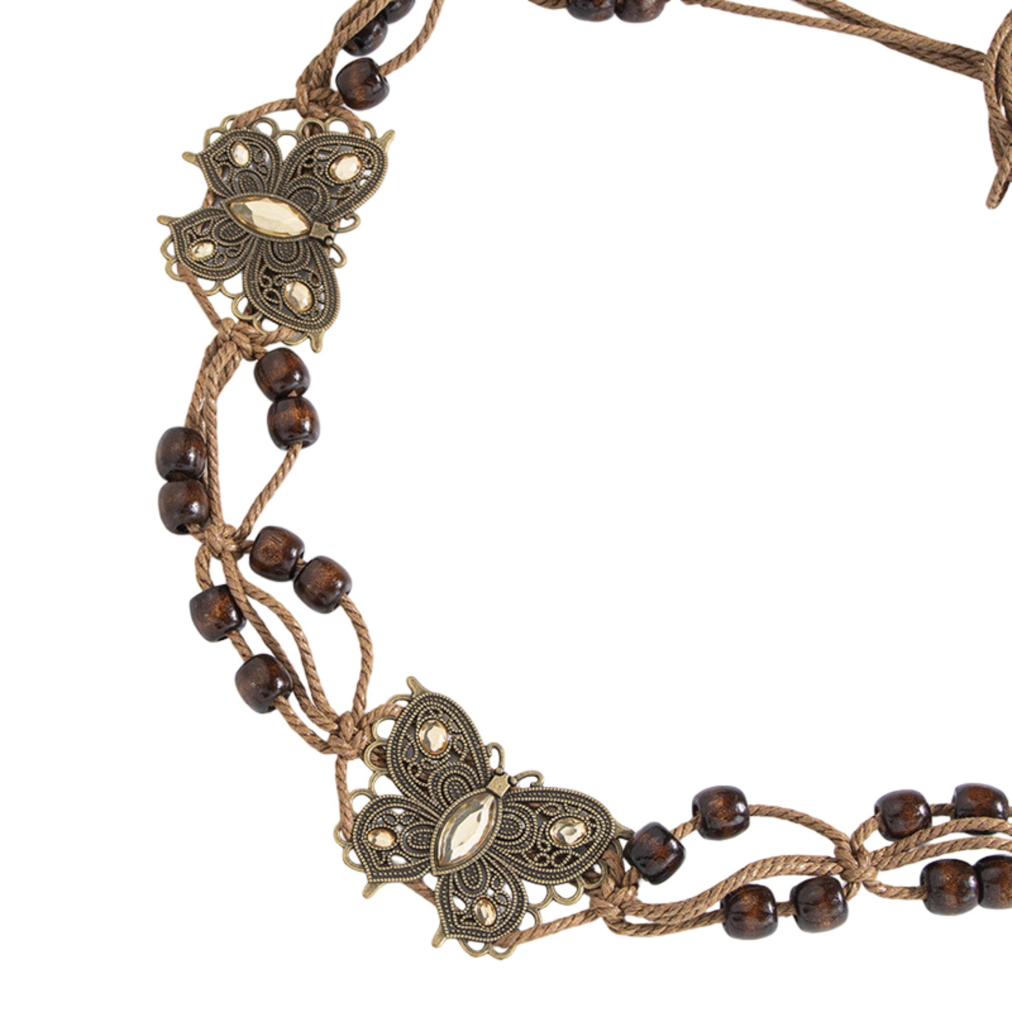 Anna-Kaci Bohemian Rhinestone Braided Waist Belt with Beaded Cord Tie