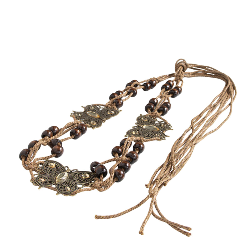 Anna-Kaci Bohemian Rhinestone Braided Waist Belt with Beaded Cord Tie