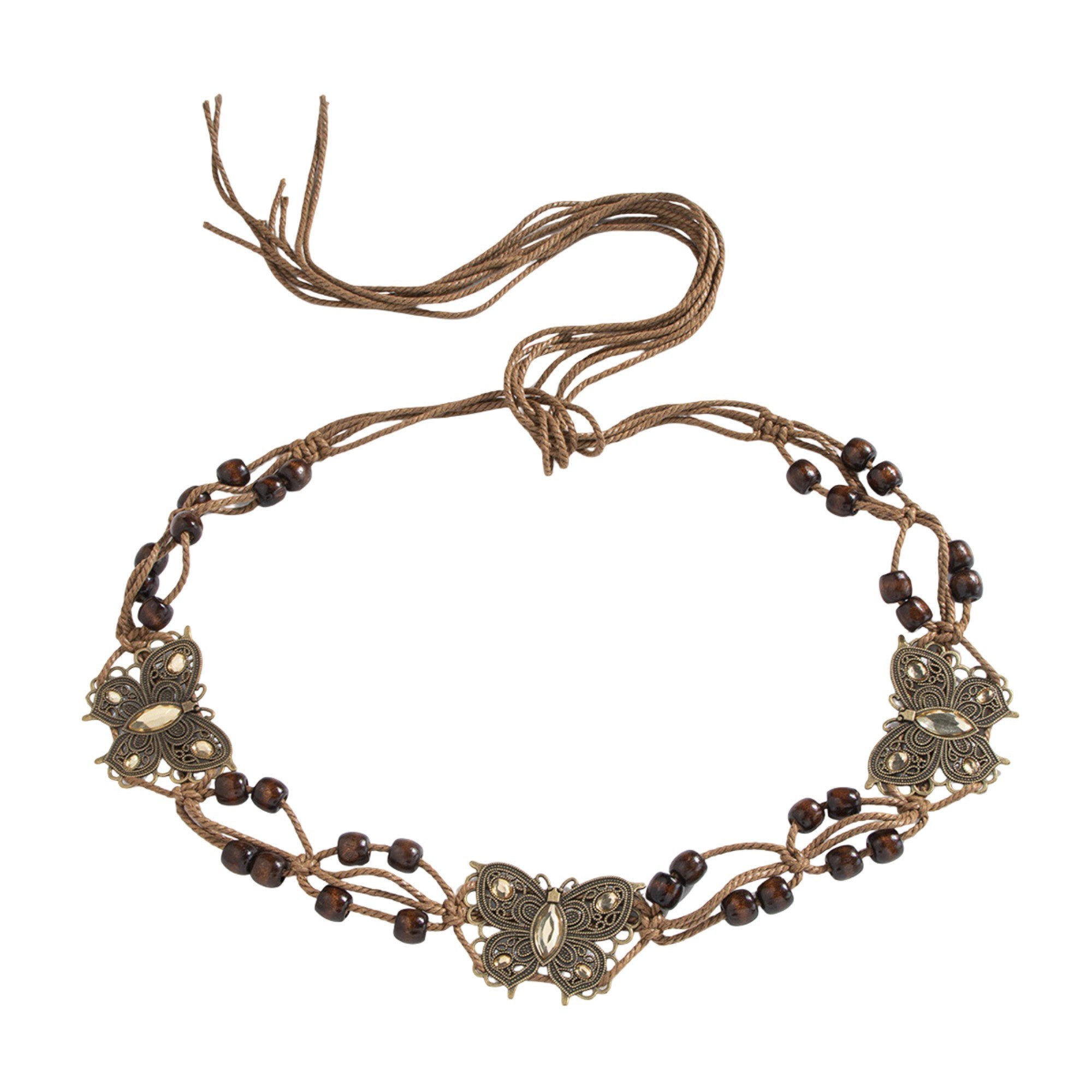Anna-Kaci Bohemian Rhinestone Braided Waist Belt with Beaded Cord Tie