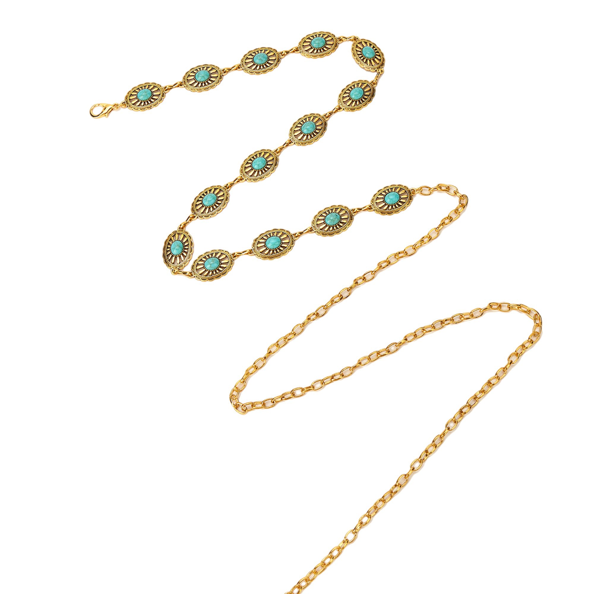 Anna-Kaci Vintage Adjustable Thin Chain Waist Belt with Turquoise Inspired Accents