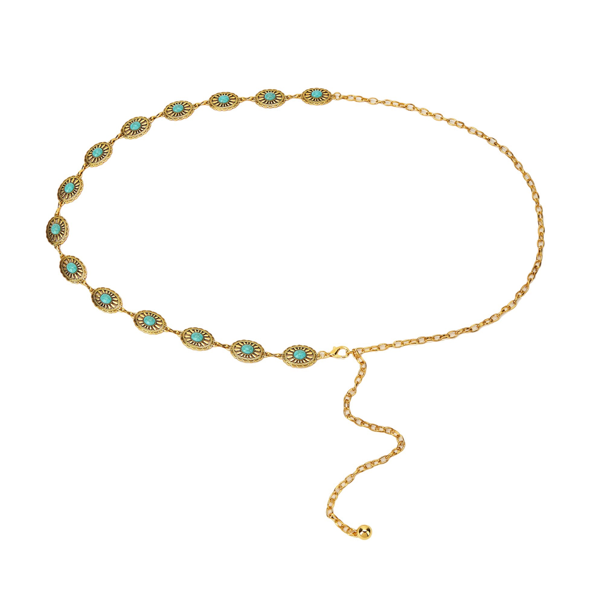 Anna-Kaci Vintage Adjustable Thin Chain Waist Belt with Turquoise Inspired Accents