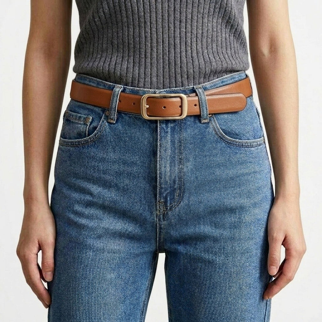Anna-Kaci Women's Slim Leather Belt Square Buckle Adjustable Waist Belt Classic Minimalist Style