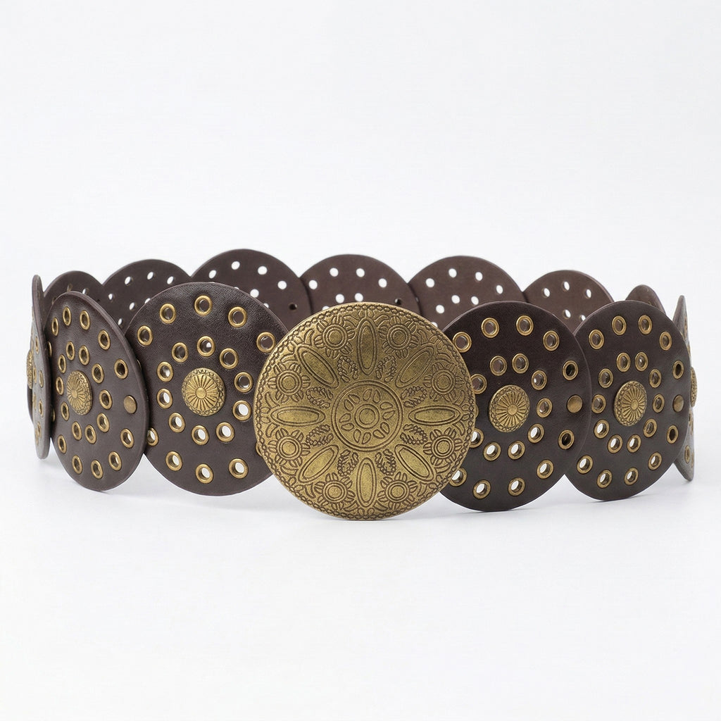 Anna-Kaci Women's Western Style Disc Waist Belt Large Round Medallion Buckle Decorative Studded Concho Belt