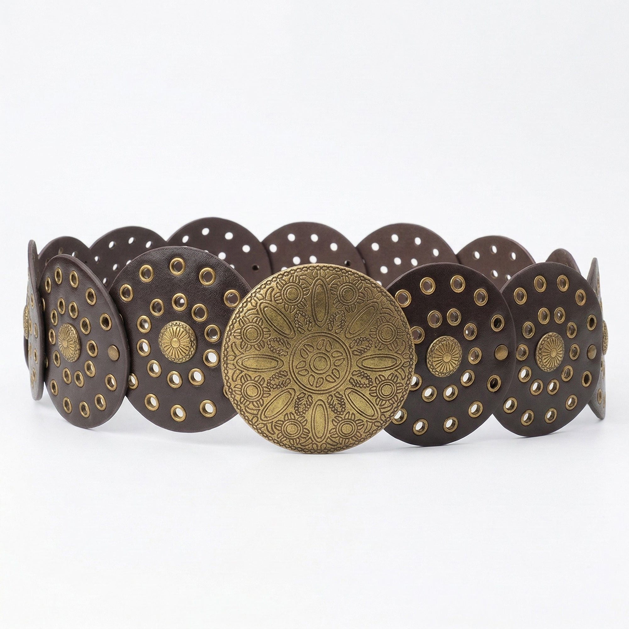 Anna-Kaci Women's Western Style Disc Waist Belt Large Round Medallion Buckle Decorative Studded Concho Belt