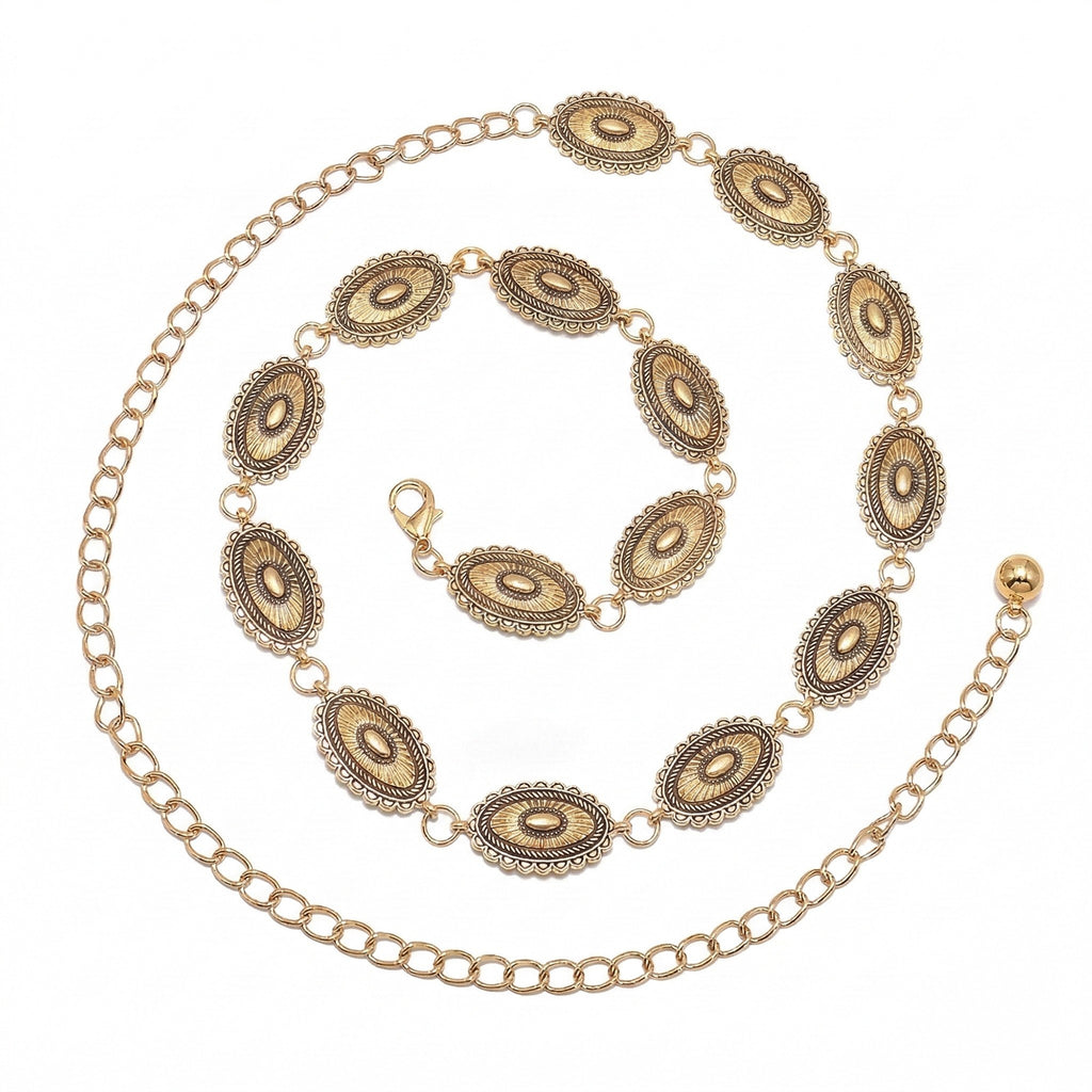 Anna-Kaci Women's Western Concho Chain Waist Belt - Oval Engraved Medallion Disc, Vintage Boho Statement Style