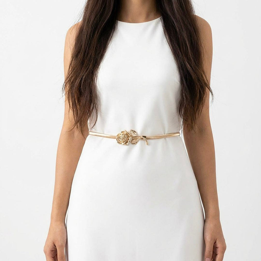 Anna-Kaci Women's Slim Floral Metal Waist Belt Delicate Rose Buckle Skinny Adjustable Dress Belt
