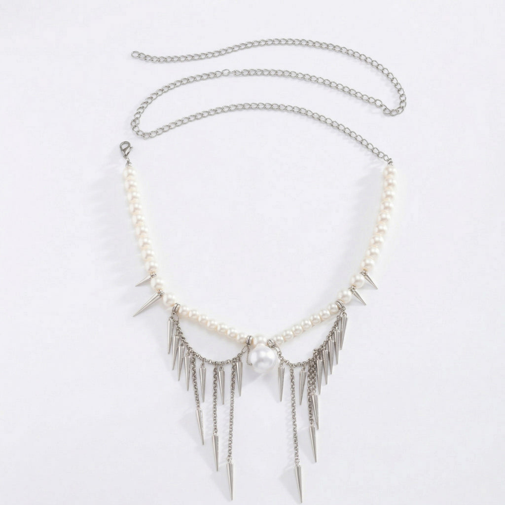 Anna-Kaci Women's Pearl Beaded Waist Chain Belt with Spike Fringe Drop Pendant Body Jewelry Accessory