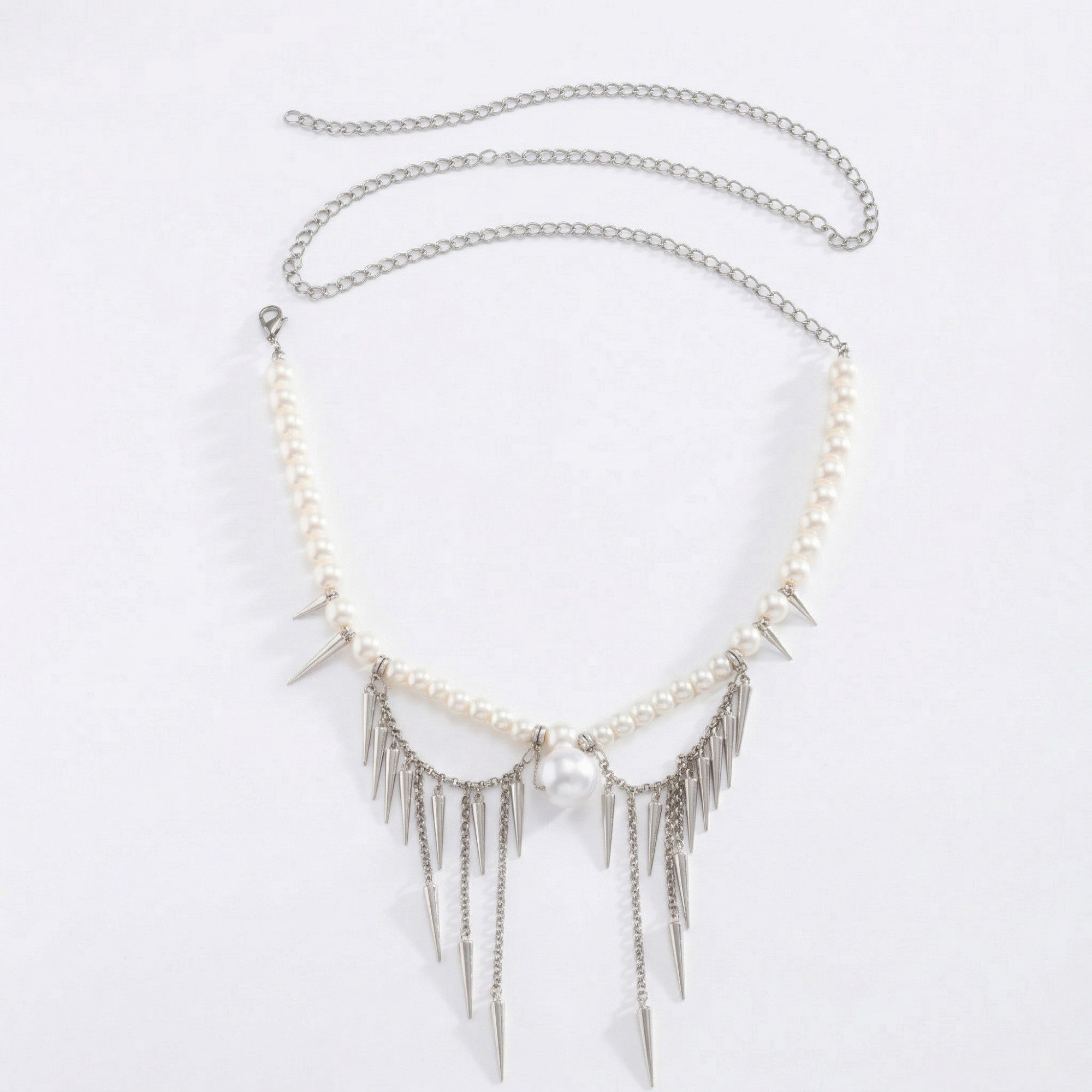 Anna-Kaci Women's Pearl Beaded Waist Chain Belt with Spike Fringe Drop Pendant Body Jewelry Accessory