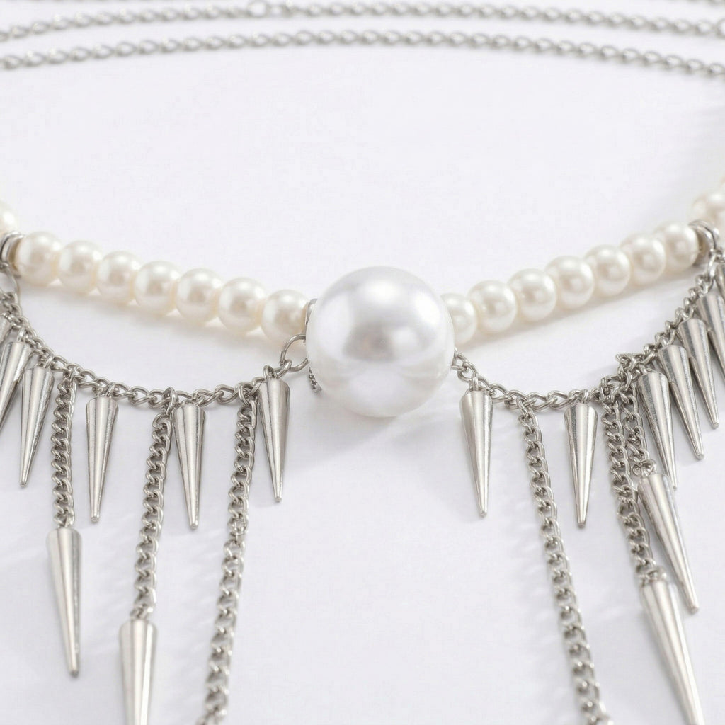 Anna-Kaci Women's Pearl Beaded Waist Chain Belt with Spike Fringe Drop Pendant Body Jewelry Accessory