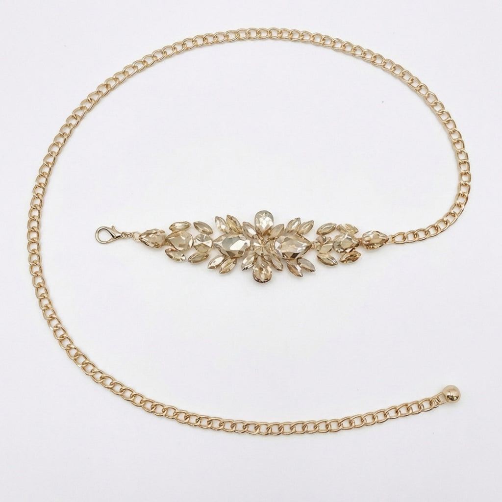Anna-Kaci Women's Crystal Floral Waist Chain Belt with Rhinestone Cluster Pendant Adjustable Link Body Jewelry