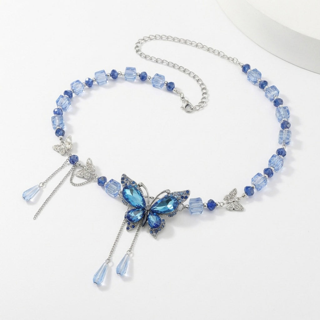Anna-Kaci Women's Butterfly Beaded Waist Chain Belt with Crystal Pendant Fringe Adjustable Body Jewelry