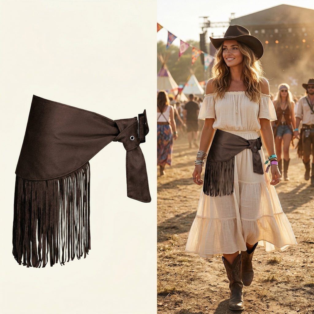 Anna-Kaci Women's Fringe Waist Belt Wrap Tie Adjustable Faux Suede Western Style Hip Scarf Accessory