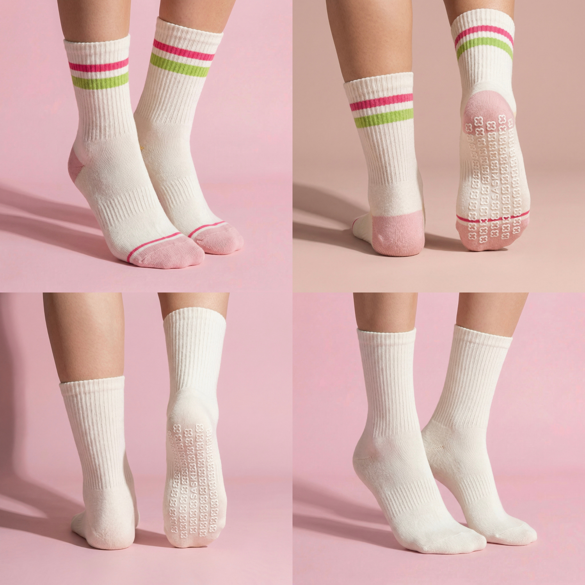 Anna-Kaci Women's 2-Pair Set Crew Athletic Socks with Striped Cuffs and Full Sole Grip for Yoga Fitness