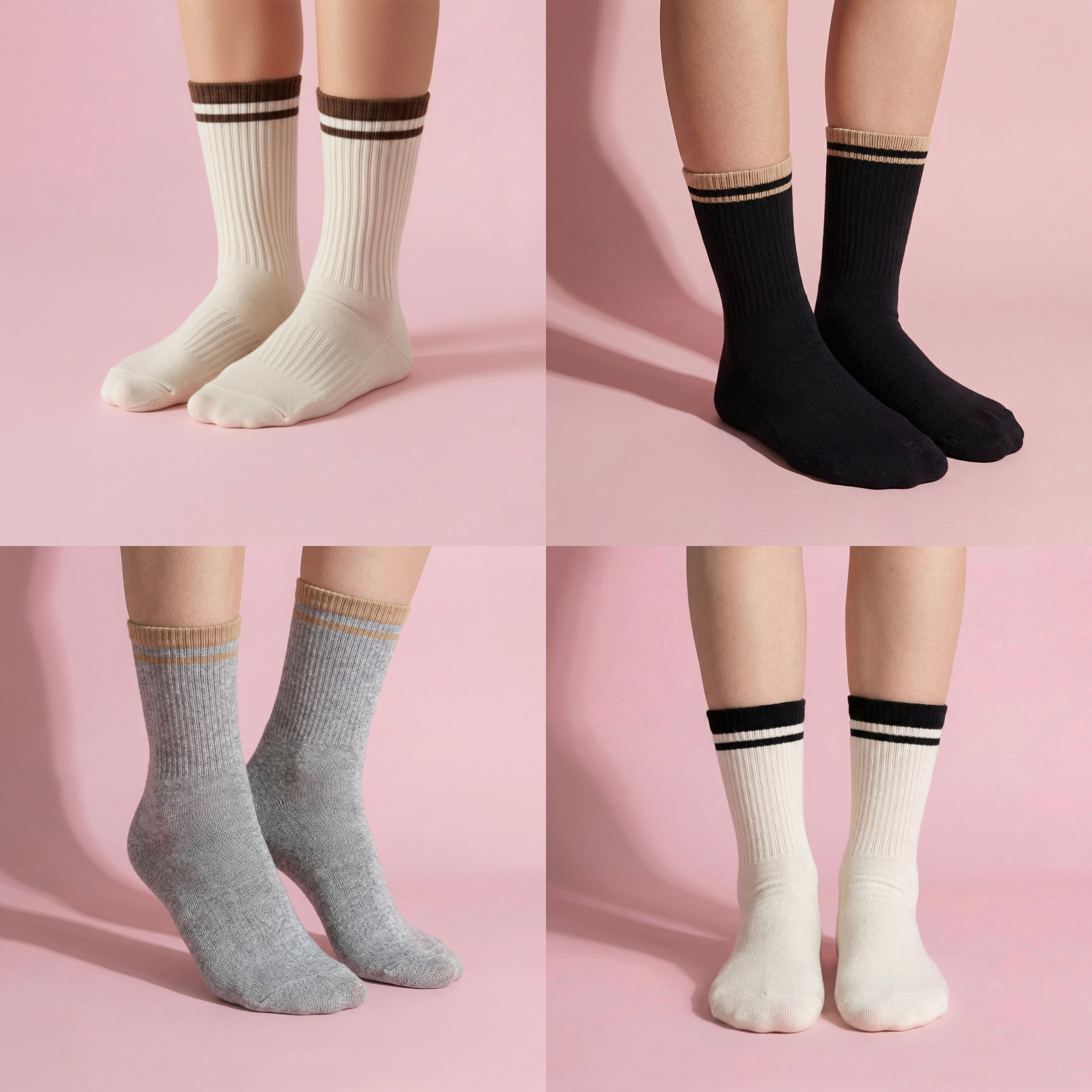 Anna-Kaci Women's 4-Pack Ribbed Crew Socks with Double Stripe Cuff Soft Stretch Fit in Neutral Tones