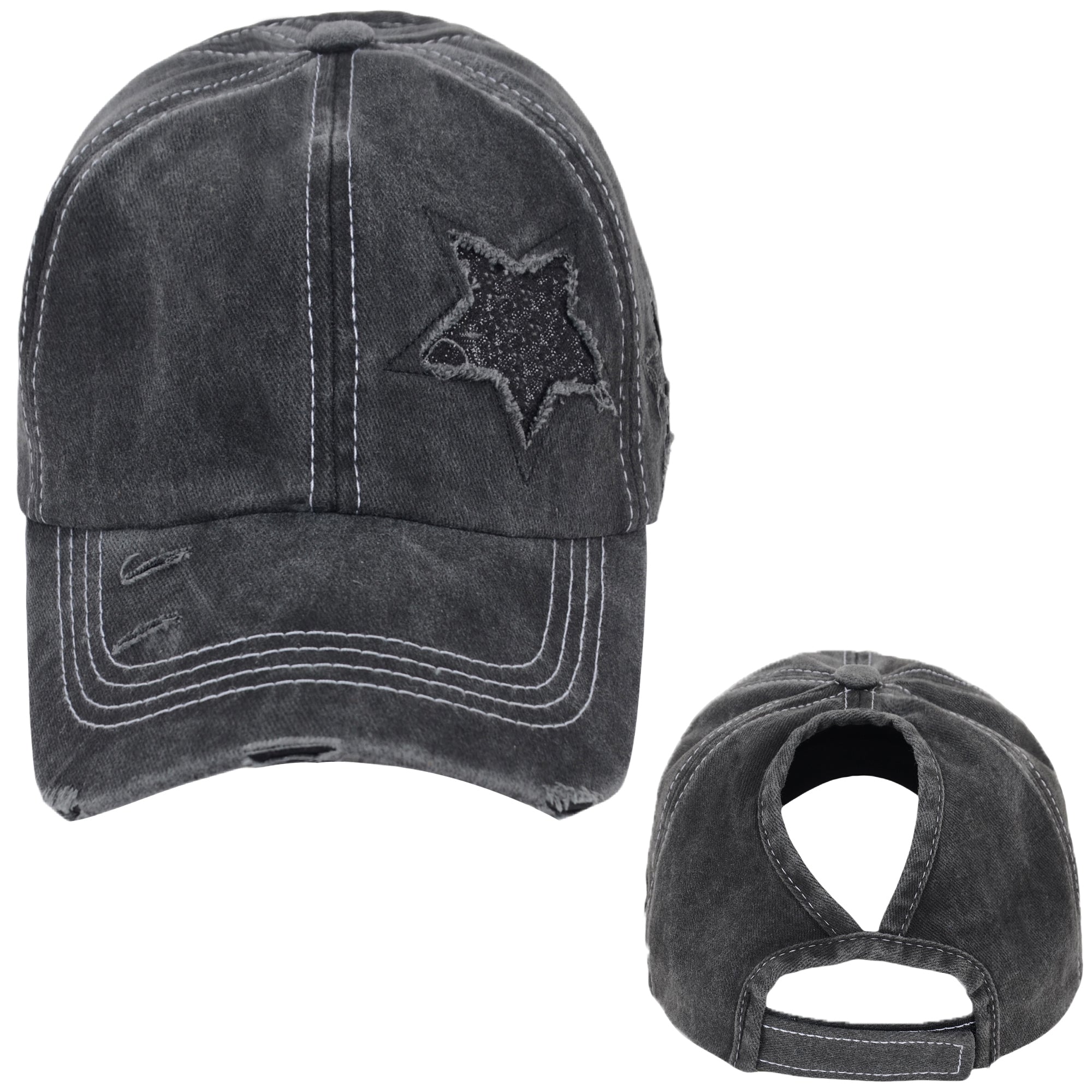 Anna-Kaci Women's Baseball Cap Glitter Star Distressed Ponytail Hat High Messy Bun Ponycap Trucker Dad Hat