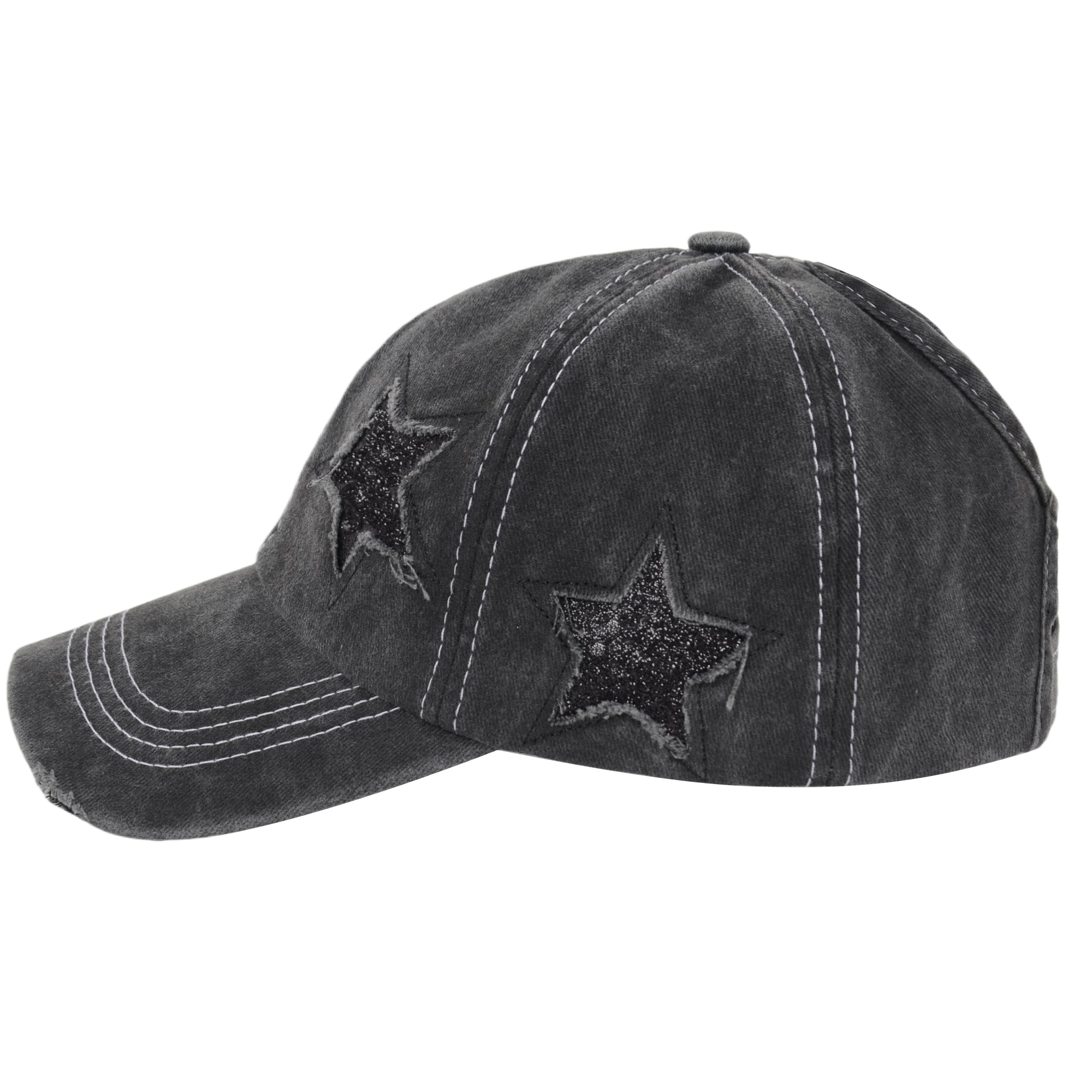 Anna-Kaci Women's Baseball Cap Glitter Star Distressed Ponytail Hat High Messy Bun Ponycap Trucker Dad Hat