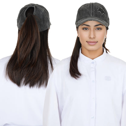 Anna-Kaci Women's Baseball Cap Glitter Star Distressed Ponytail Hat High Messy Bun Ponycap Trucker Dad Hat