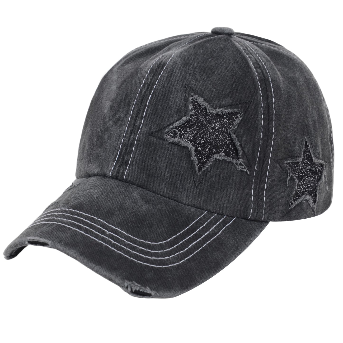 Anna-Kaci Women's Baseball Cap Glitter Star Distressed Ponytail Hat High Messy Bun Ponycap Trucker Dad Hat