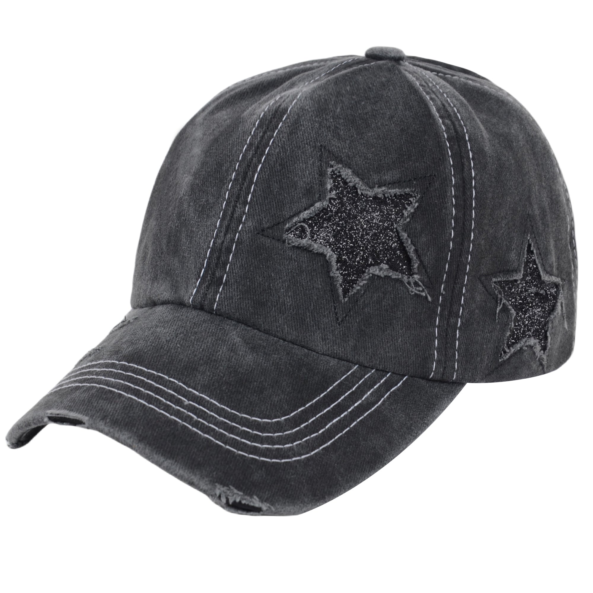 Anna-Kaci Women's Baseball Cap Glitter Star Distressed Ponytail Hat High Messy Bun Ponycap Trucker Dad Hat