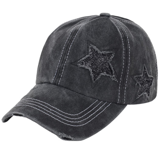 Anna-Kaci Women's Baseball Cap Glitter Star Distressed Ponytail Hat High Messy Bun Ponycap Trucker Dad Hat