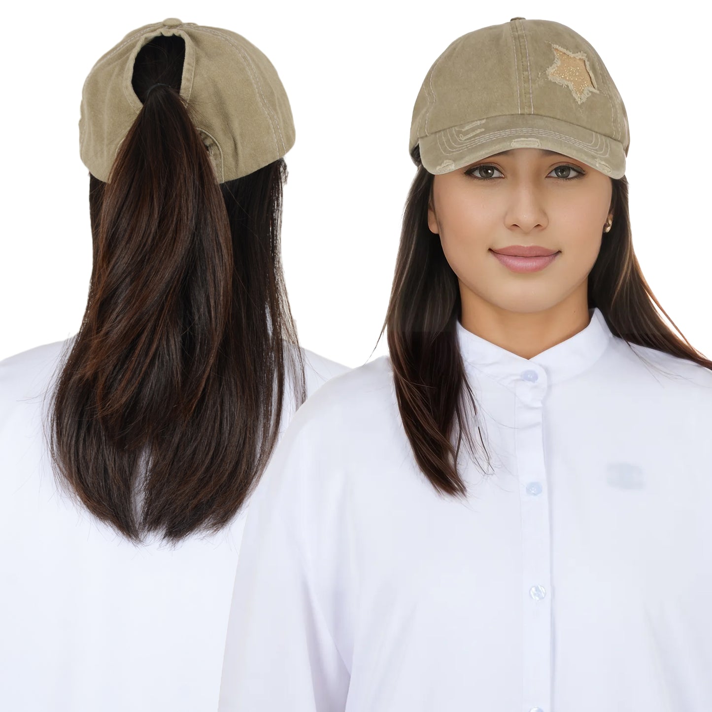 Anna-Kaci Women's Baseball Cap Glitter Star Distressed Ponytail Hat High Messy Bun Ponycap Trucker Dad Hat