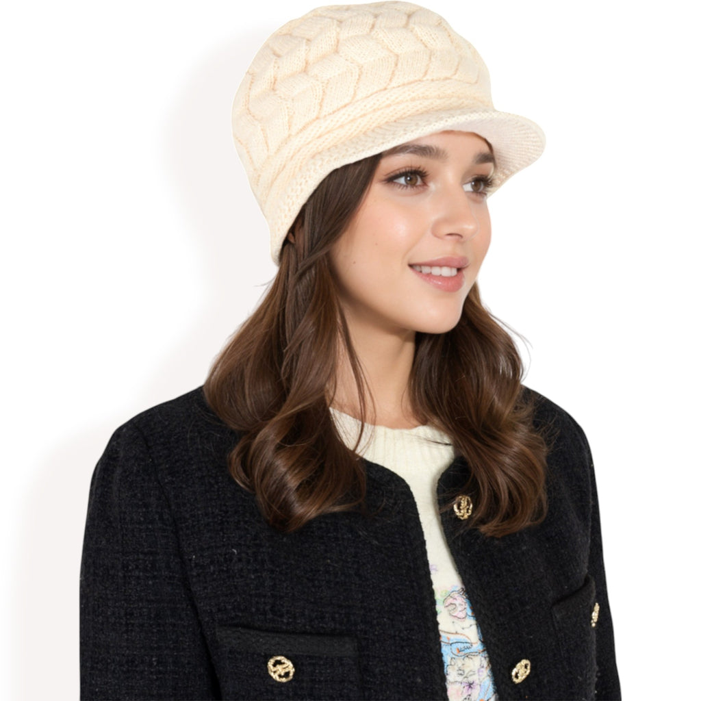 Anna-Kaci Women's Knitted Newsboy Cap with Braided Cable Pattern and Stylish Brim Design