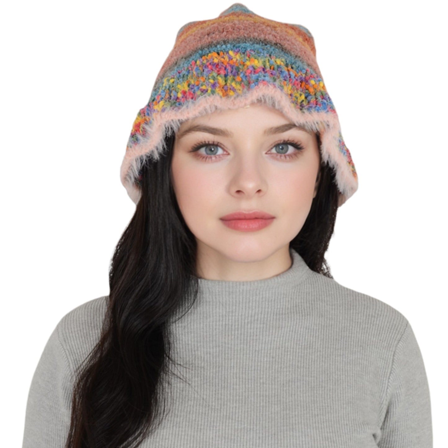 Anna-Kaci Colorful Striped Knit Bucket Hat Fluffy Trendy Winter Lightweight Foldable Crochet Fisherman Hat for Women