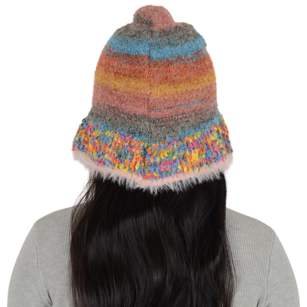 Anna-Kaci Colorful Striped Knit Bucket Hat Fluffy Trendy Winter Lightweight Foldable Crochet Fisherman Hat for Women