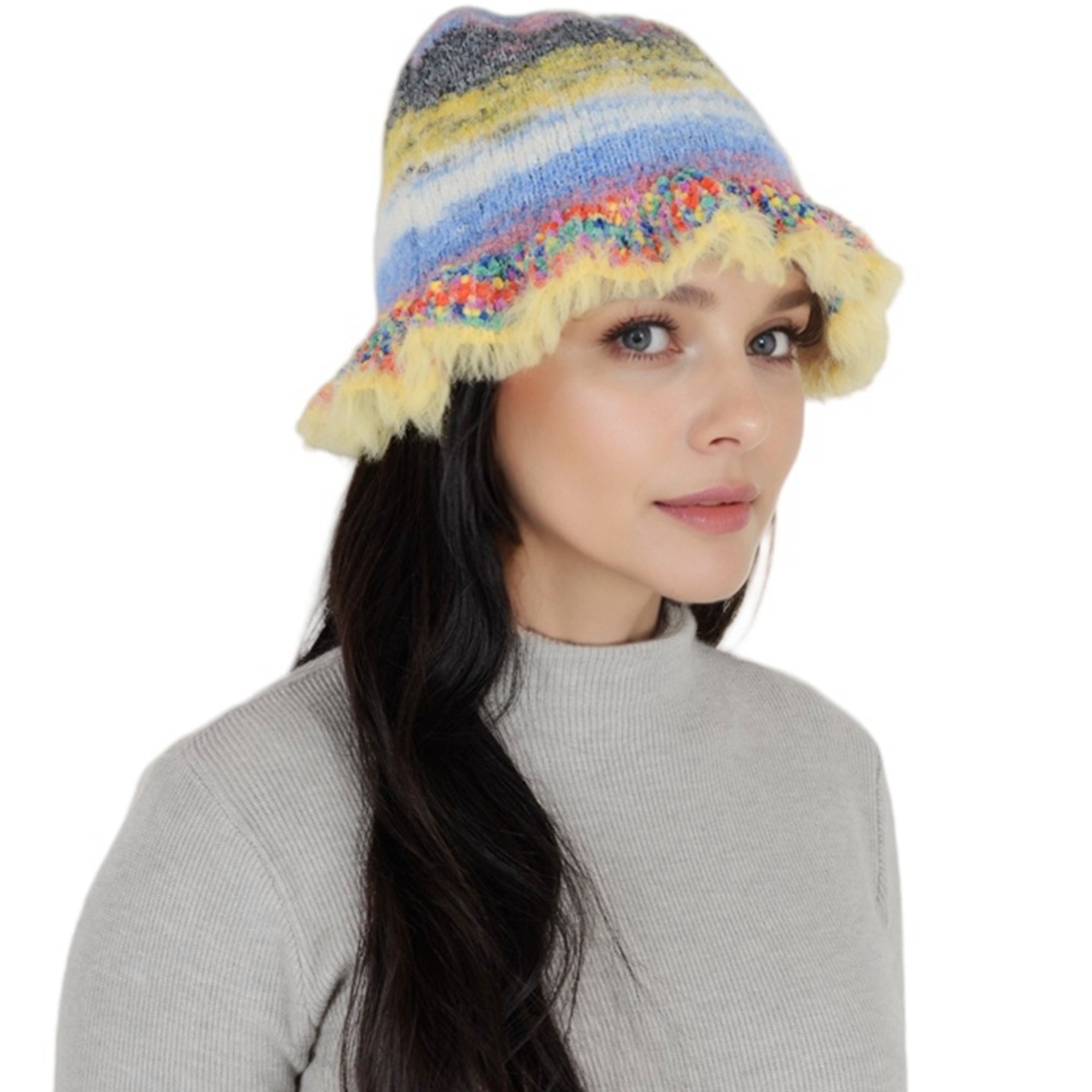 Anna-Kaci Colorful Striped Knit Bucket Hat Fluffy Trendy Winter Lightweight Foldable Crochet Fisherman Hat for Women